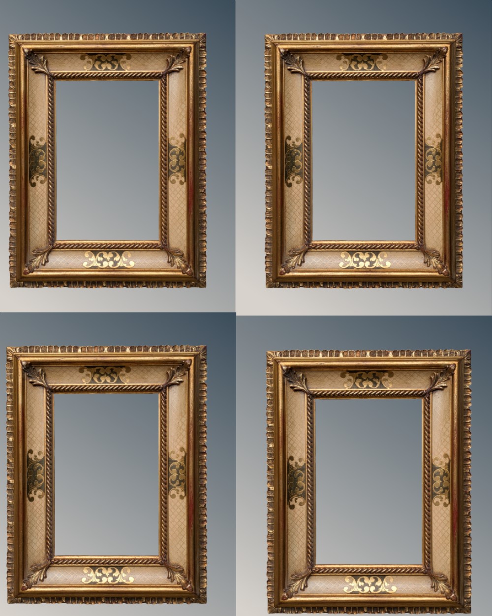 A set of four matching rectangular Italian giltwood picture frames featuring carved rope borders and painted inset panels with gold scroll motifs.