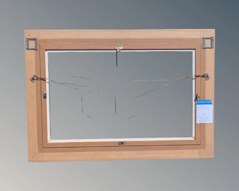 A rectangular carved gilt wood picture frame with an inner neutral linen slip and a central brass plaque along the lower edge. View VII