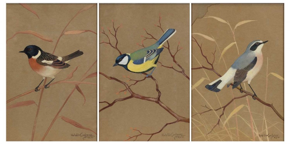 A set of three vertical watercolour paintings on toned paper depicting detailed garden birds perched on delicate branches.
