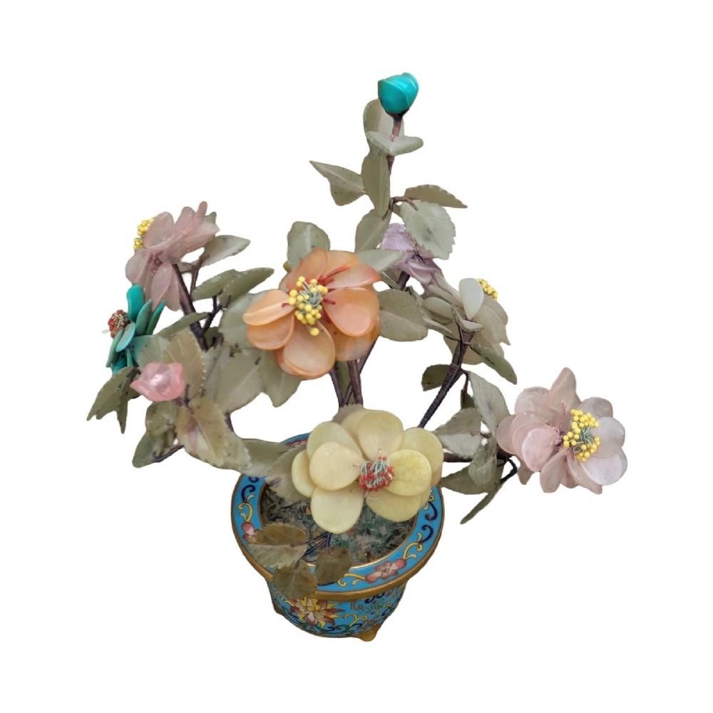 A Chinese ornamental bonsai tree featuring carved hardstone leaves and petals set inside a turquoise floral cloisonne planter. View III