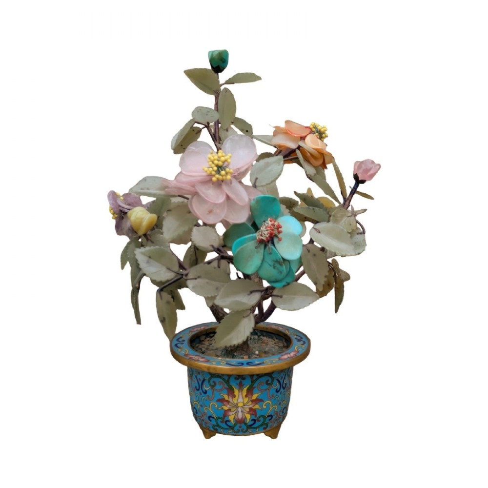 A Chinese ornamental bonsai tree featuring carved hardstone leaves and petals set inside a turquoise floral cloisonne planter. View V