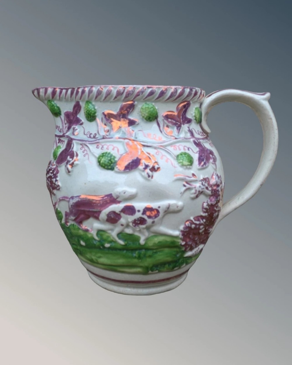 Antique Sunderland Pink Lustre Jug Hounds