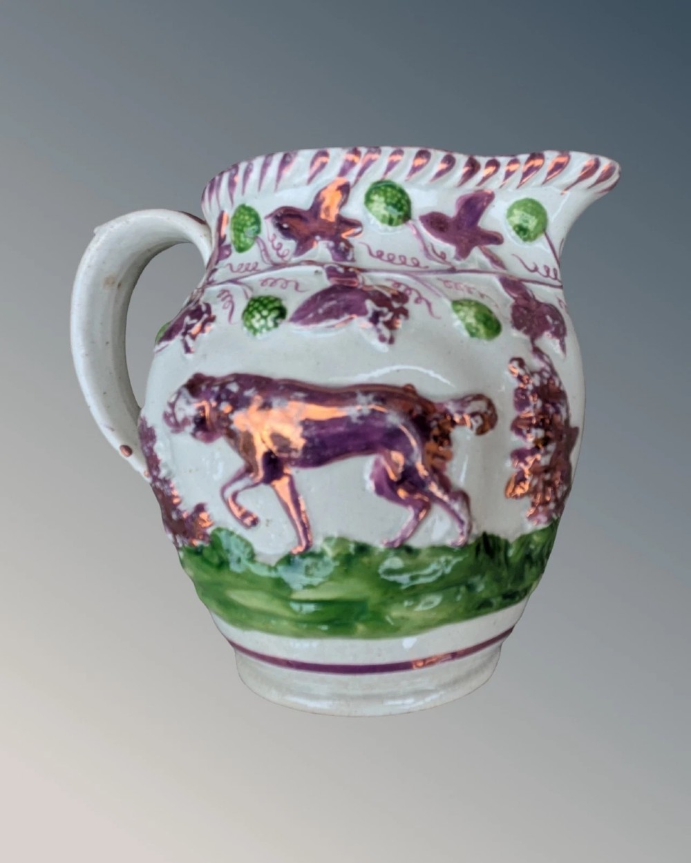 Antique Sunderland Pink Lustre Jug Hounds View II