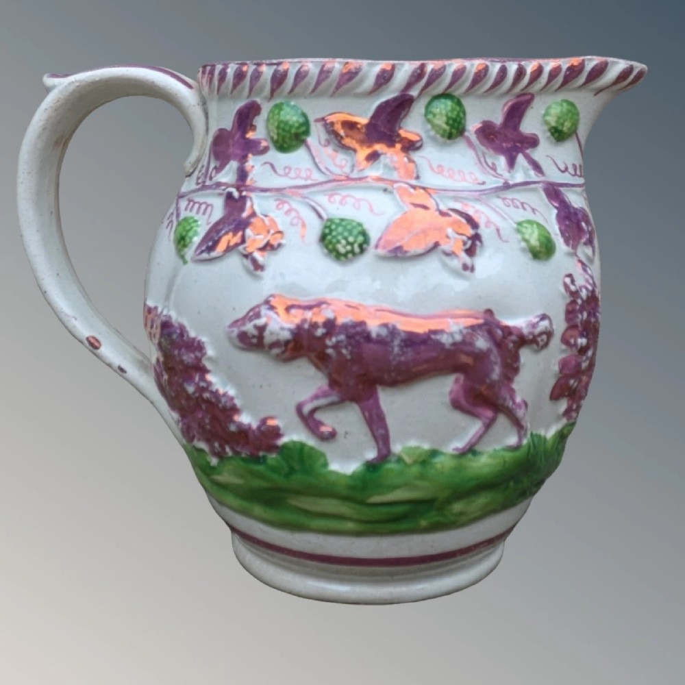 Antique Sunderland Pink Lustre Jug Hounds View IV