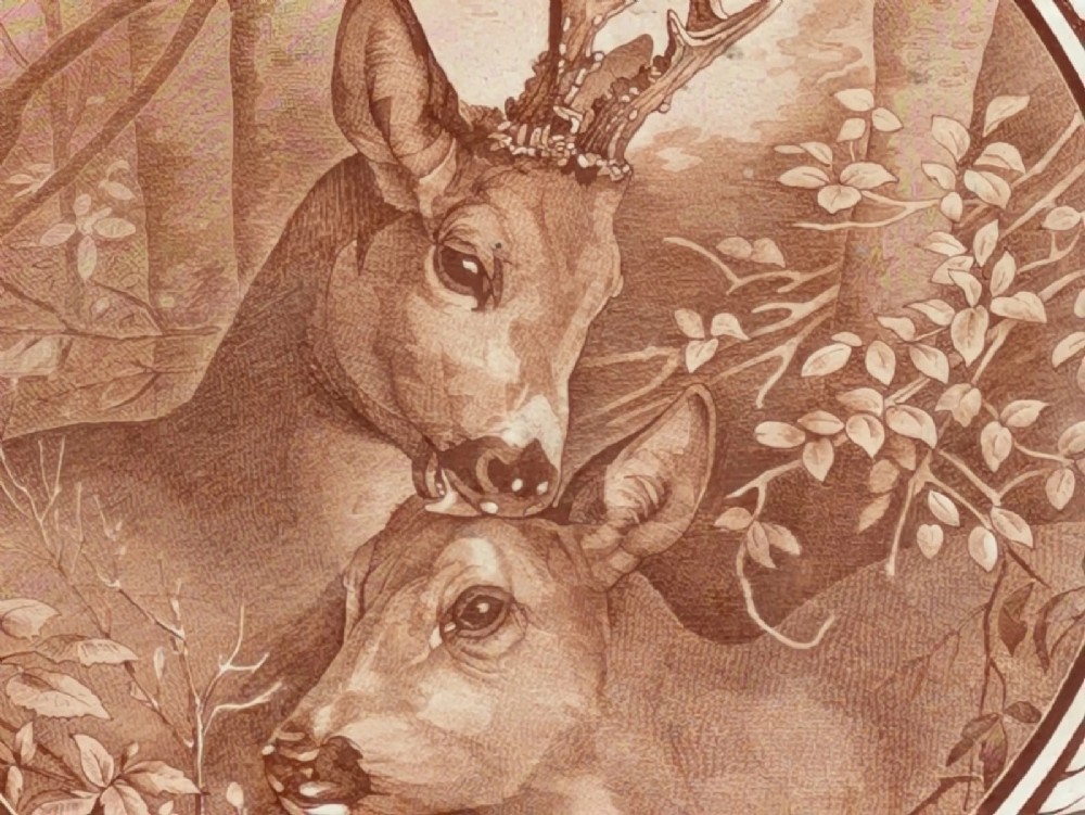 A square antique ceramic tile depicting a stag and doe in a woodland setting, framed within carved oak rope-twist moulding. View IV