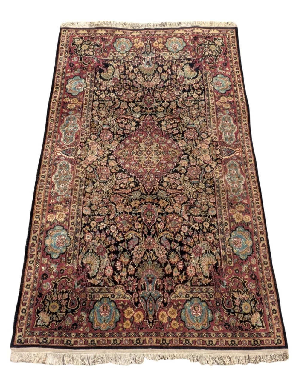 A hand-knotted Isfahan carpet featuring a detailed central medallion surrounded by floral scrollwork and cartouche borders in shades of rose, dark navy, cream, and turquoise. View V