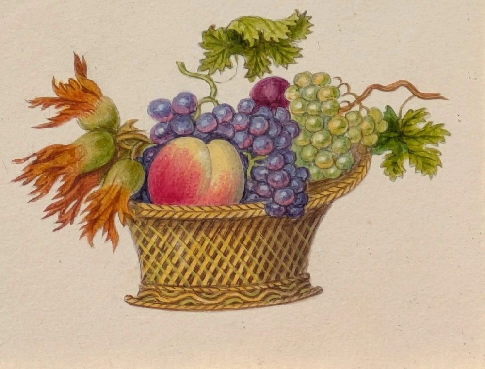 A nineteenth-century watercolour illustration depicting a woven basket filled with grapes, peaches, and hazelnuts, presented in a wide maple veneer frame with a gilded inner slip. View V