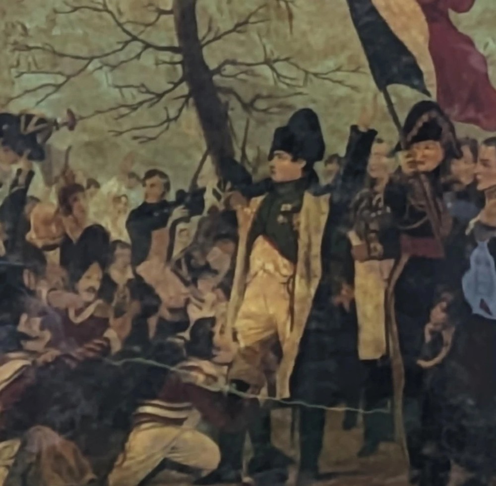 A 19th-century framed crystoleum glass print depicting Napoleon Bonaparte amongst soldiers returning from Elba, set inside a moulded gold gilt frame. View II