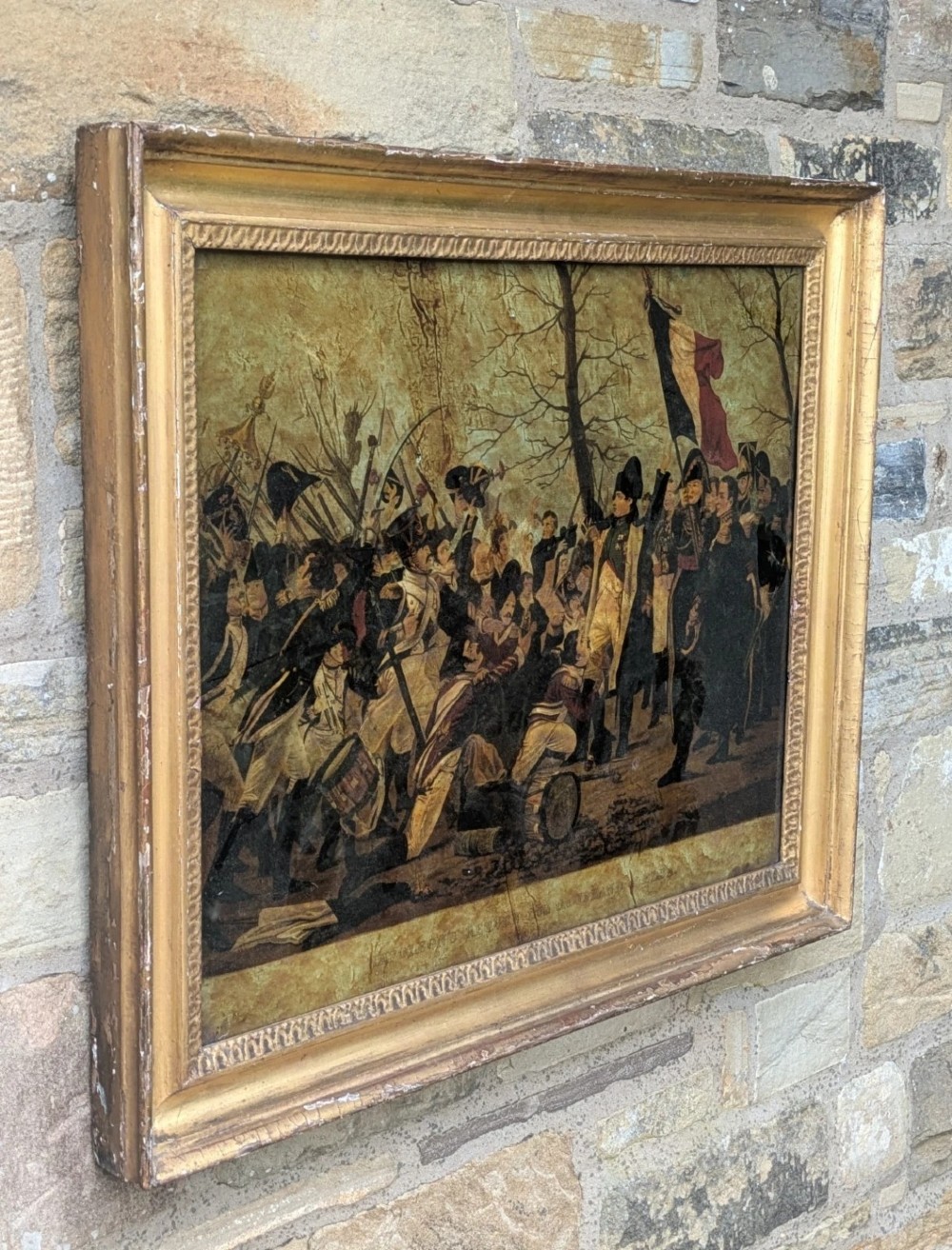 A 19th-century framed crystoleum glass print depicting Napoleon Bonaparte amongst soldiers returning from Elba, set inside a moulded gold gilt frame. View III