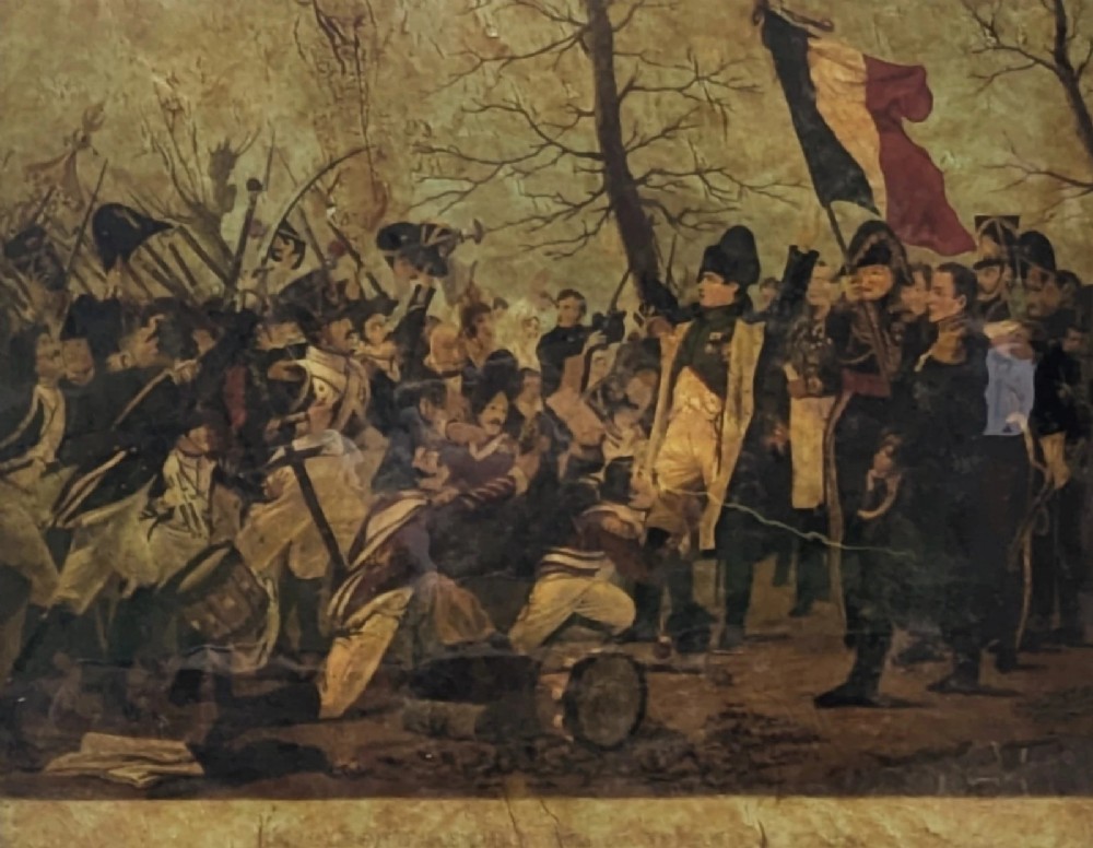 A 19th-century framed crystoleum glass print depicting Napoleon Bonaparte amongst soldiers returning from Elba, set inside a moulded gold gilt frame. View IV