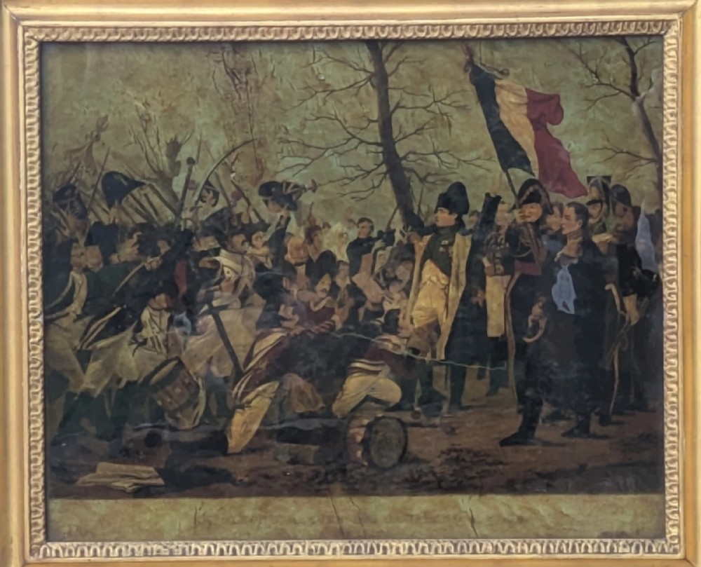 A 19th-century framed crystoleum glass print depicting Napoleon Bonaparte amongst soldiers returning from Elba, set inside a moulded gold gilt frame. View V