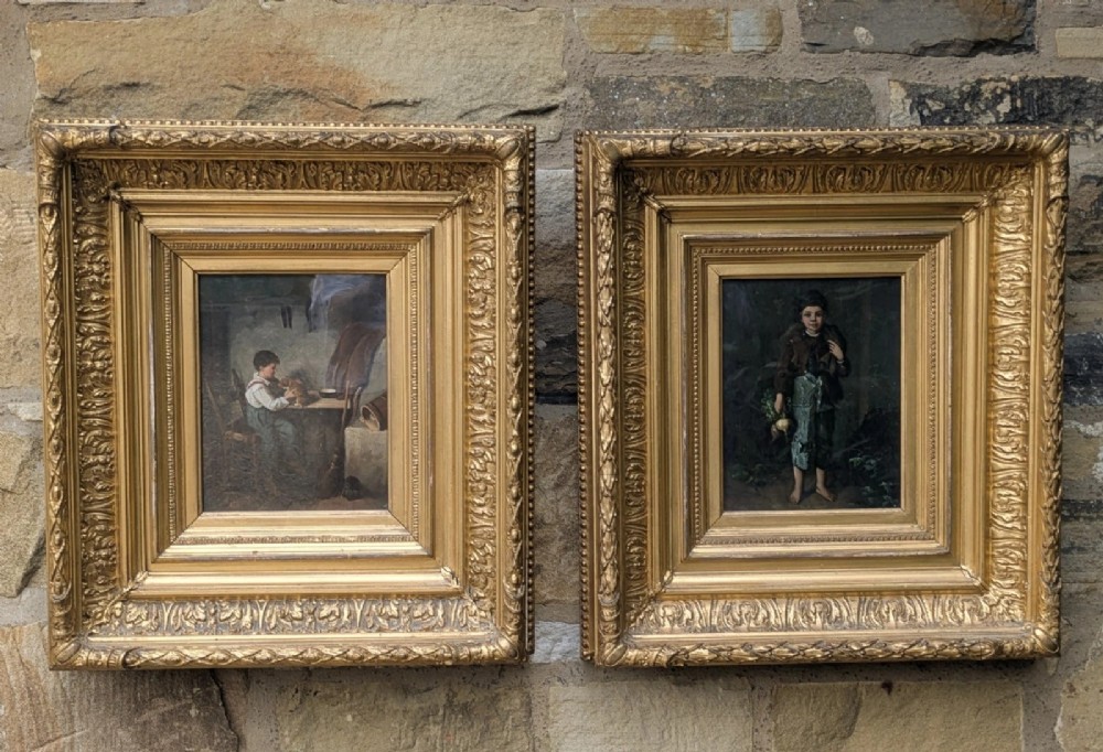 Pair Antique Oil Paintings Young Boys