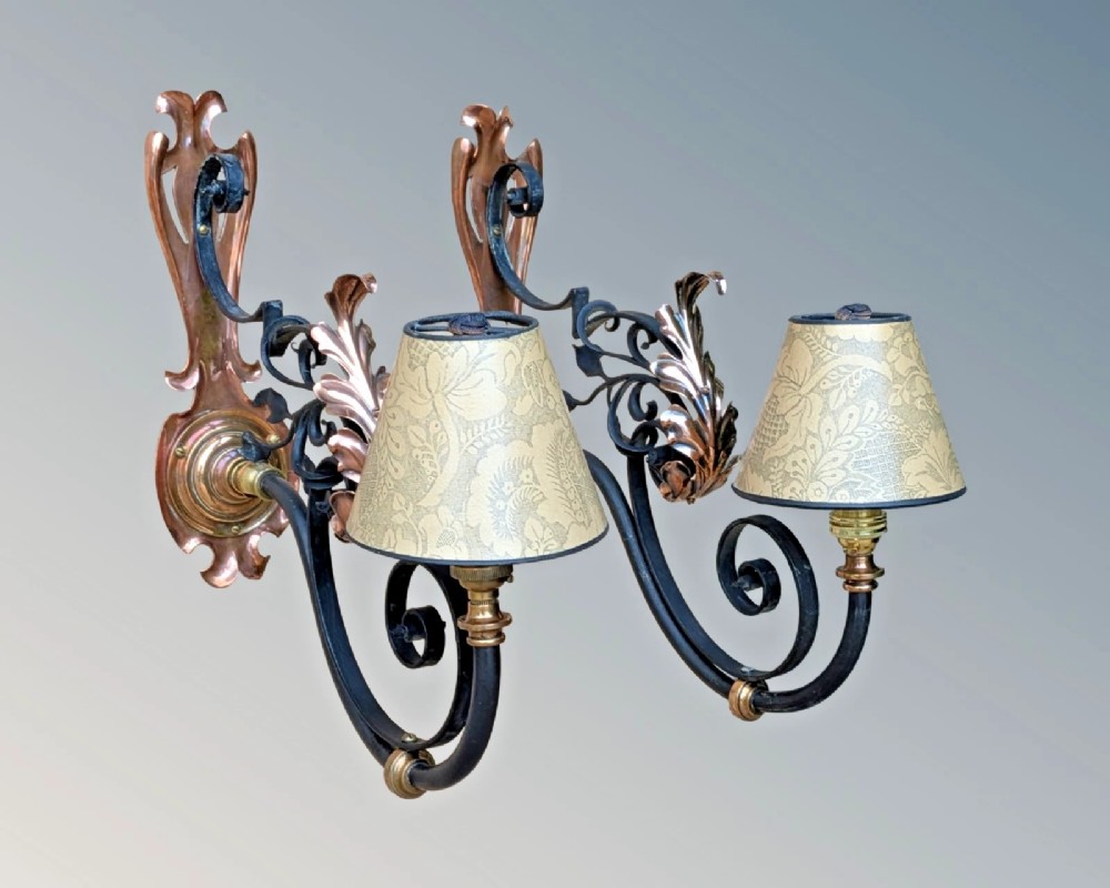 Good Pair Copper Wrought Iron Wall Lights Arts and Crafts