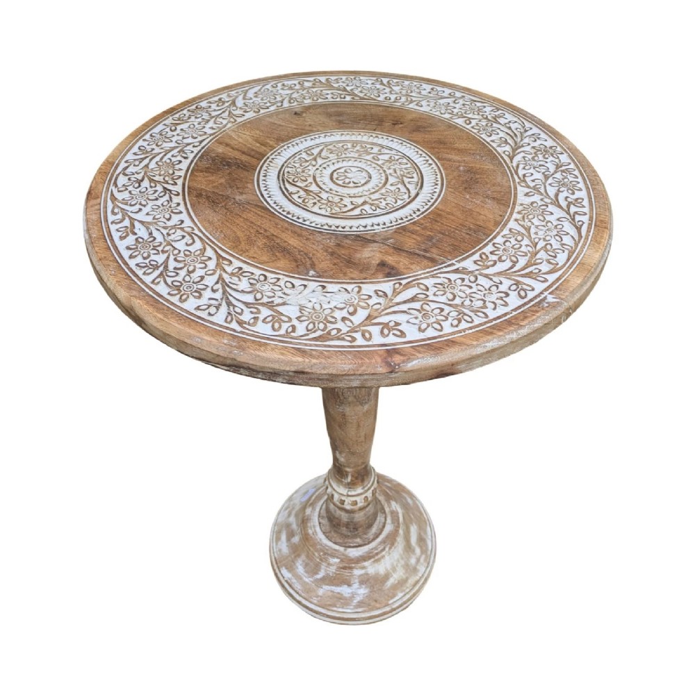A pair of round carved wooden pedestal side tables featuring hand-painted whitewashed concentric floral patterns on the tops and turned bases. View III