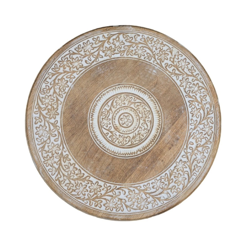 A pair of round carved wooden pedestal side tables featuring hand-painted whitewashed concentric floral patterns on the tops and turned bases. View IV