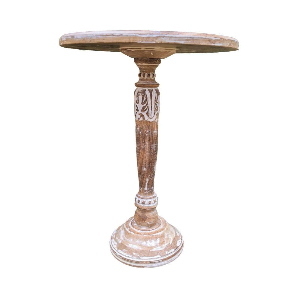 A pair of round carved wooden pedestal side tables featuring hand-painted whitewashed concentric floral patterns on the tops and turned bases. View V