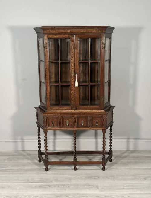 tall 1920s oak display cabinet - CATEGORY: ANTIQUE CABINETS - DATED 1920