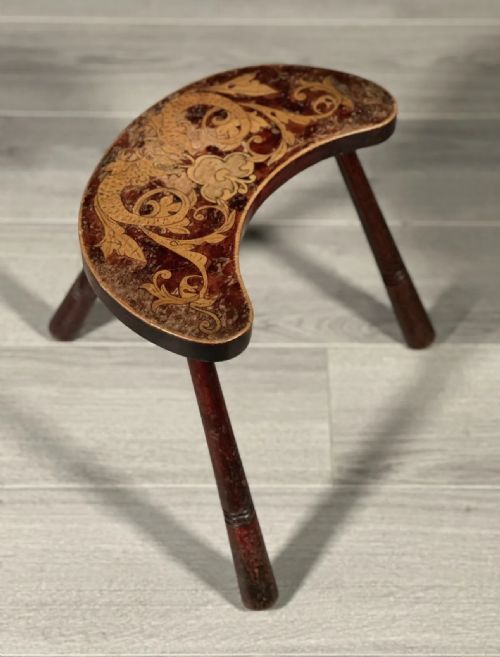 ANTIQUE 3 LEGGED STOOL WITH POKER WORK TOP - ADDITIONAL PHOTO 1