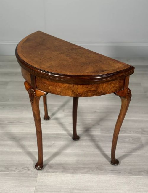 ANTIQUE BURR WALNUT DEMI LUNE GAMES TABLE - ADDITIONAL PHOTO 6
