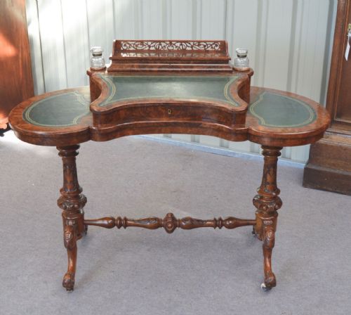 fig 1. Fine Antique Victorian burr walnut kidney shaped leather writing table desk