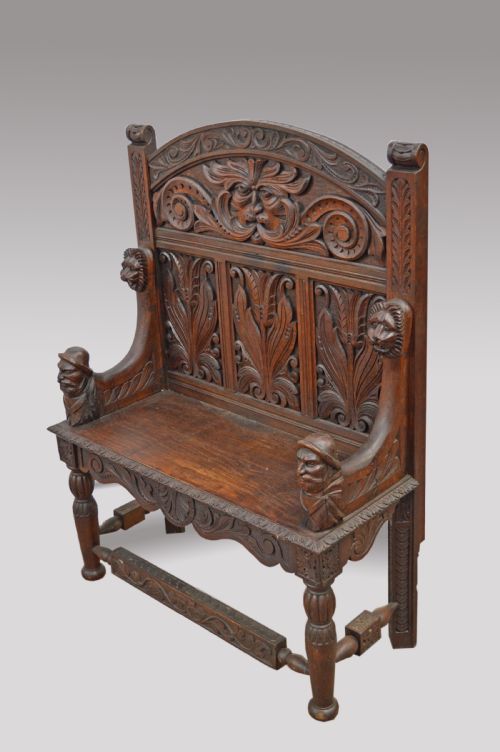 Antique Carved Oak Bench Settle Hall Bench
