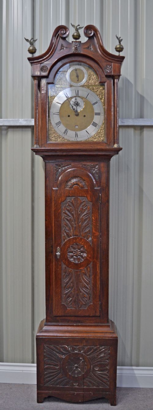 18th Century Carved Oak Grandfather Clock by Biggin Downham