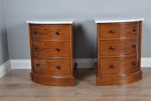 Pair of Victorian Marble Top Bow Front Bedside Chests of Drawers