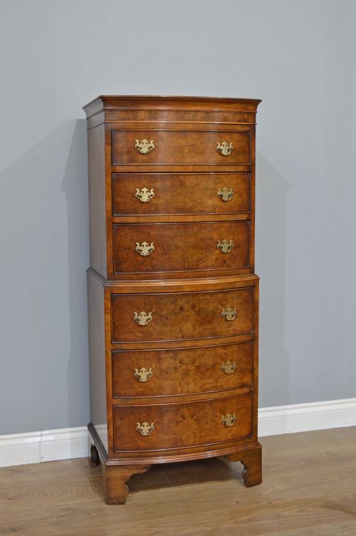 Small Walnut Bow Front Chest on Chest