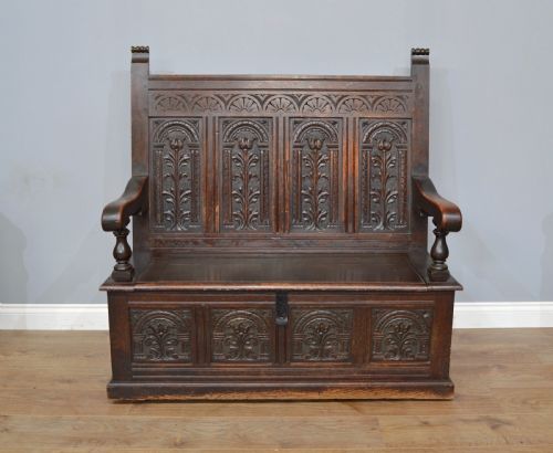 Antique 19th Century Carved Oak Box Settle Monks Bench