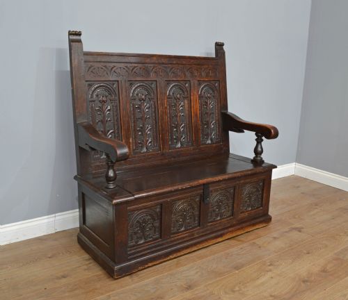 fig 1. Antique 19th century carved oak box settle monks bench