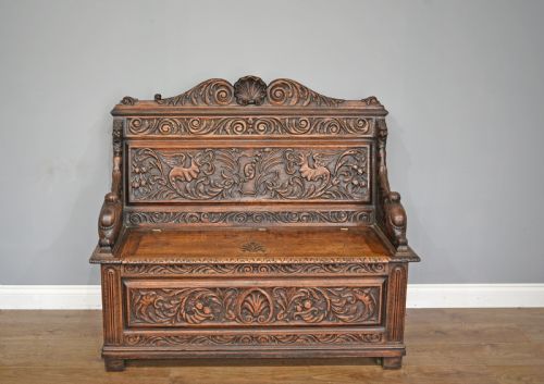 Antique Carved Oak Box Settle Bench