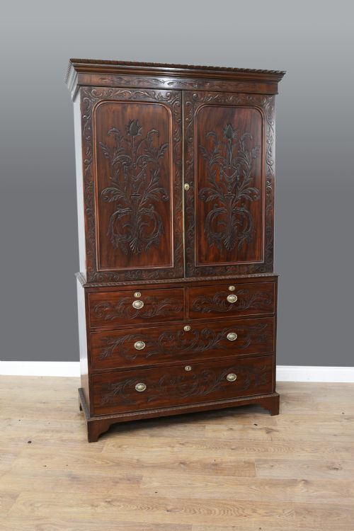 Antique 19th Century Carved Mahogany Linen Press