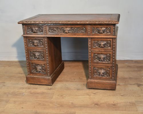 Carved Oak Greenman Pedestal Desk