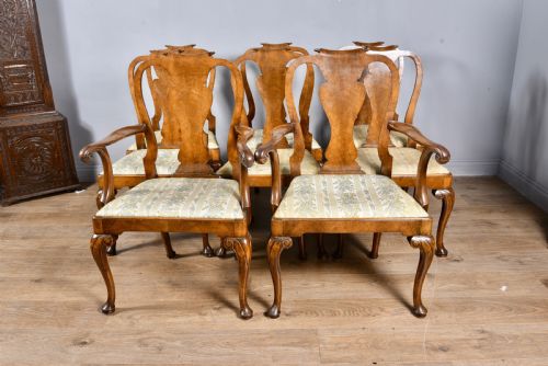 Antique Set of Eight Walnut Queen Anne Dining Chairs