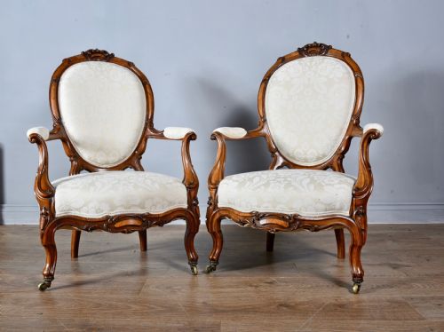 Fine Pair of Victorian Walnut Open Arm Chairs