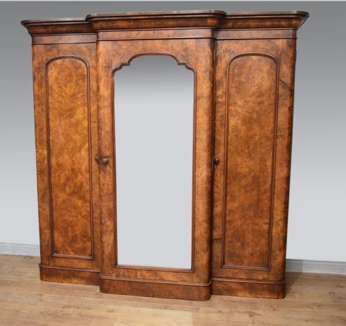 Victorian Burr Walnut Triple Breakfront Wardrobe