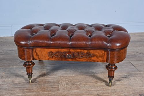 Victorian Walnut & Buttoned Brown Leather Stool