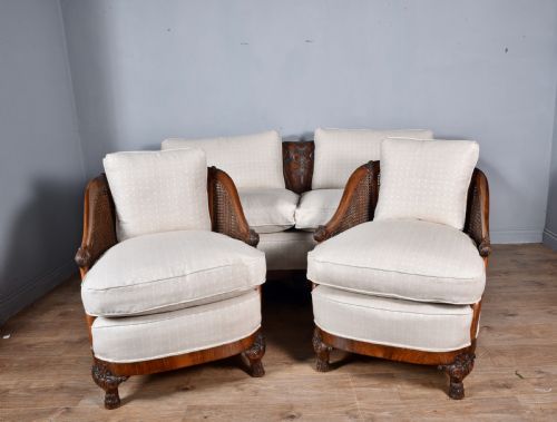 Antique Carved Walnut Bergere Suite Sofa Pair of Chairs