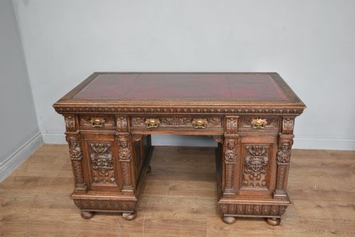 Victorian Carved Oak Pedestal Desk