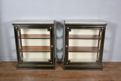 Antique Pair of Regency Brass Inlayed Marble Top Pier Cabinets