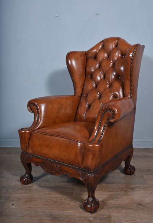 Large Antique Deep Buttoned Antique Leather Wing Chair