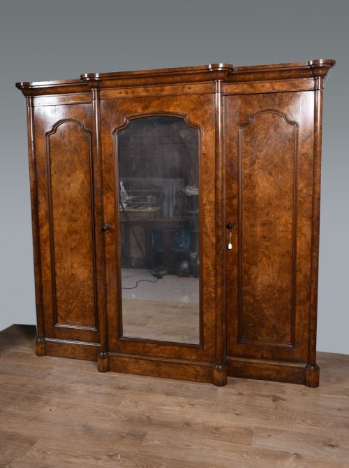 Large Antique Walnut Breakfront Triple Wardrobe