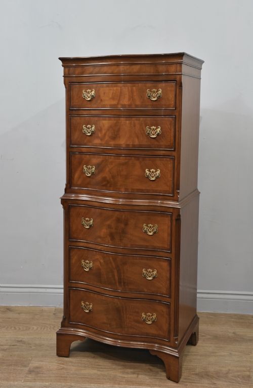 Antique Regency Style Mahogany Serpentine Tall Boy Chest on Chest