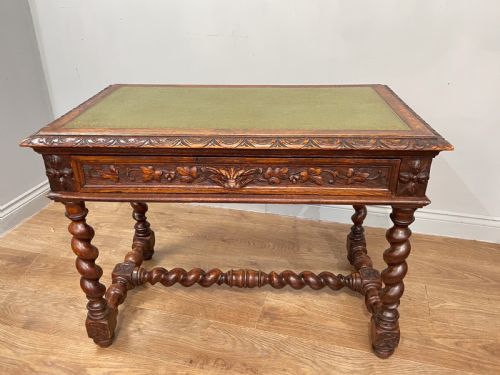 Carved Oak Green Man Leather Top Desk