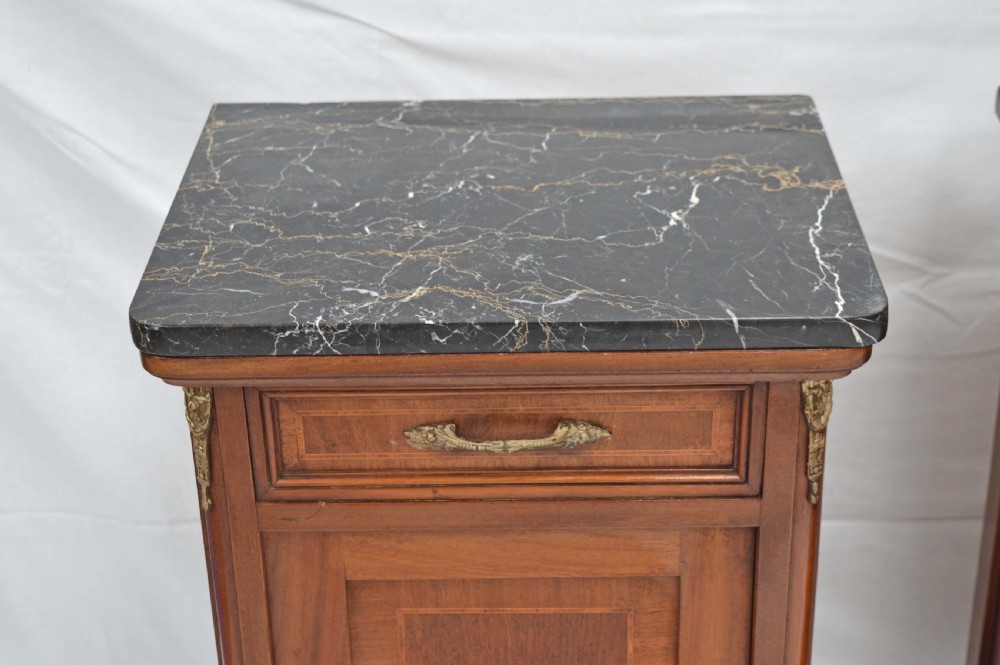 antique pair of French mahogany marble top bedside cabinets View III