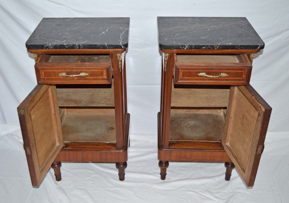 antique pair of French mahogany marble top bedside cabinets View IV