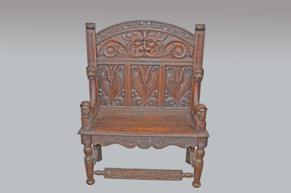 antique carved oak bench settle hall bench  View II