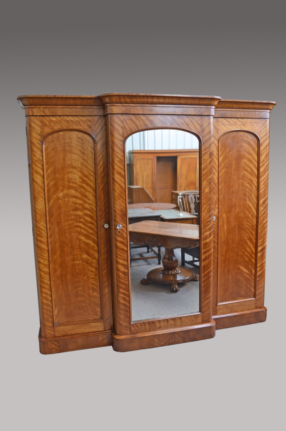 Antique Victorian satin Birch breakfront triple wardrobe 