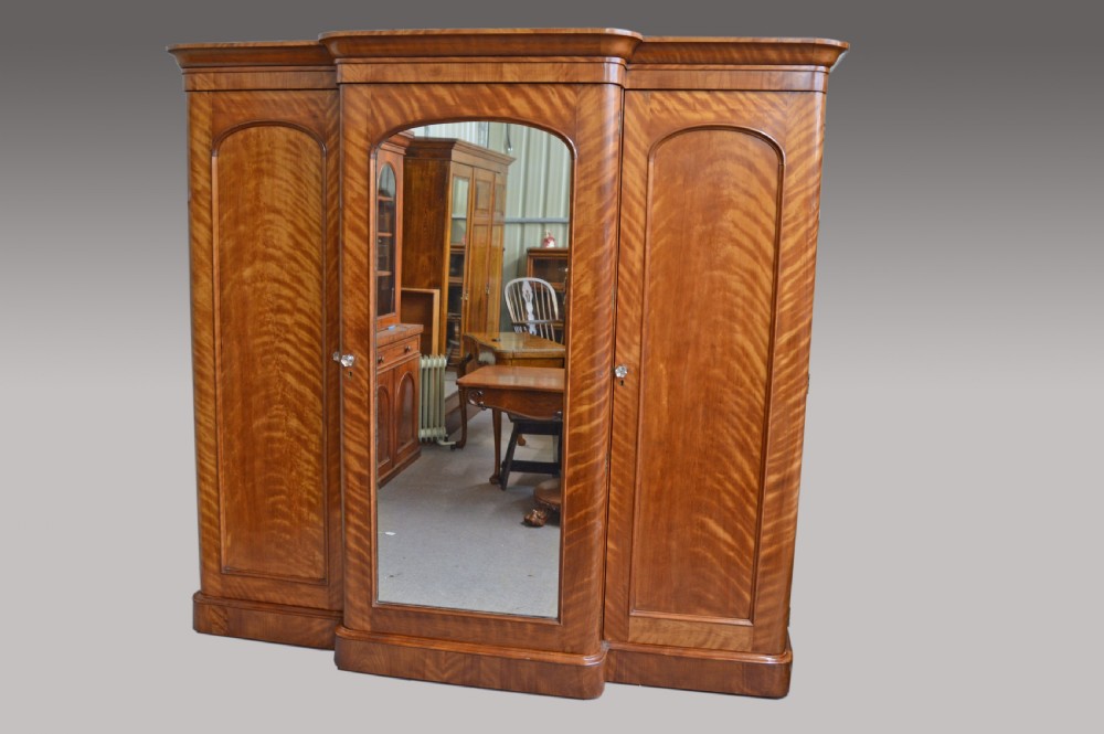 Antique Victorian satin Birch breakfront triple wardrobe  View II