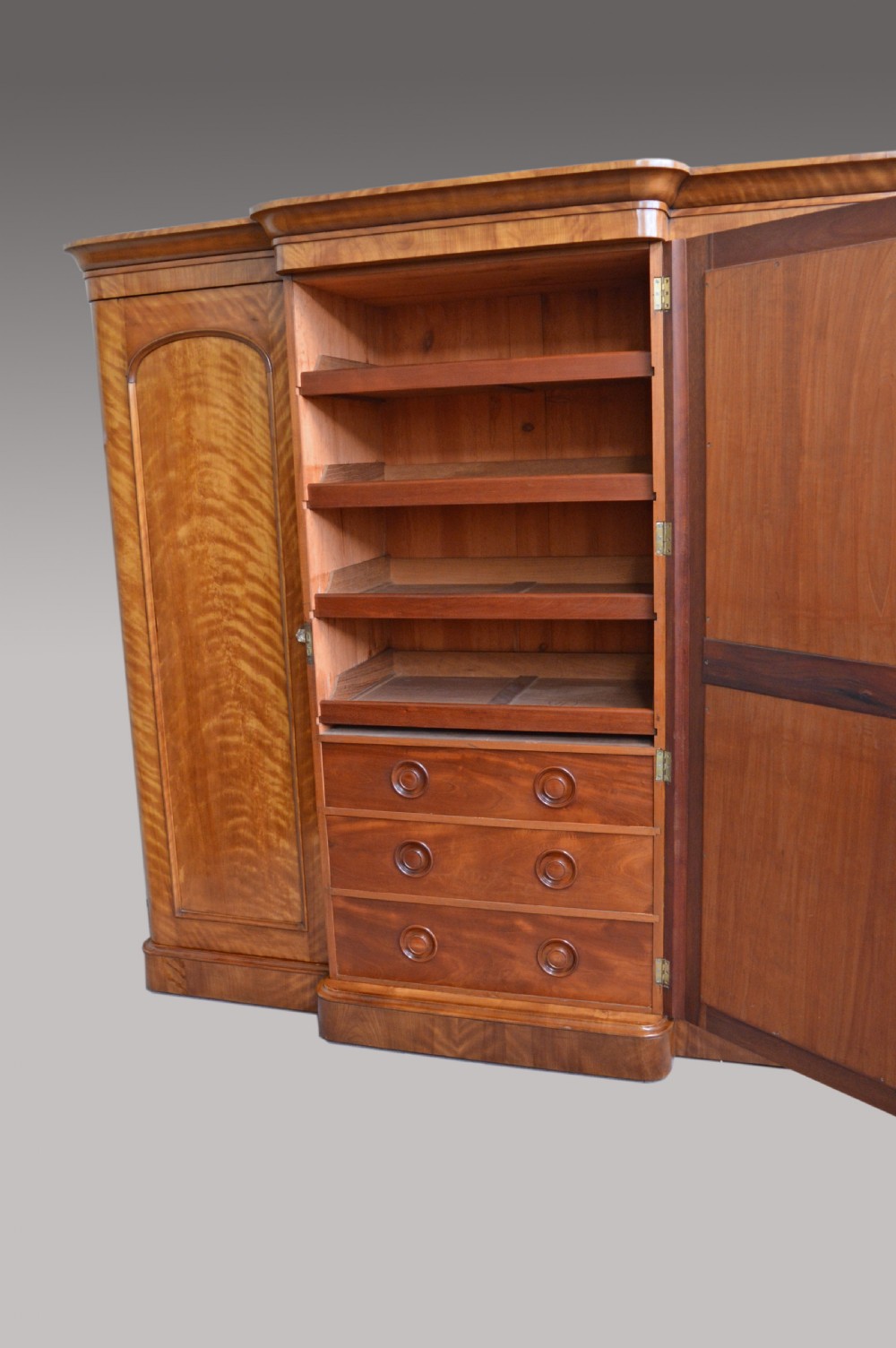 Antique Victorian satin Birch breakfront triple wardrobe  View IV